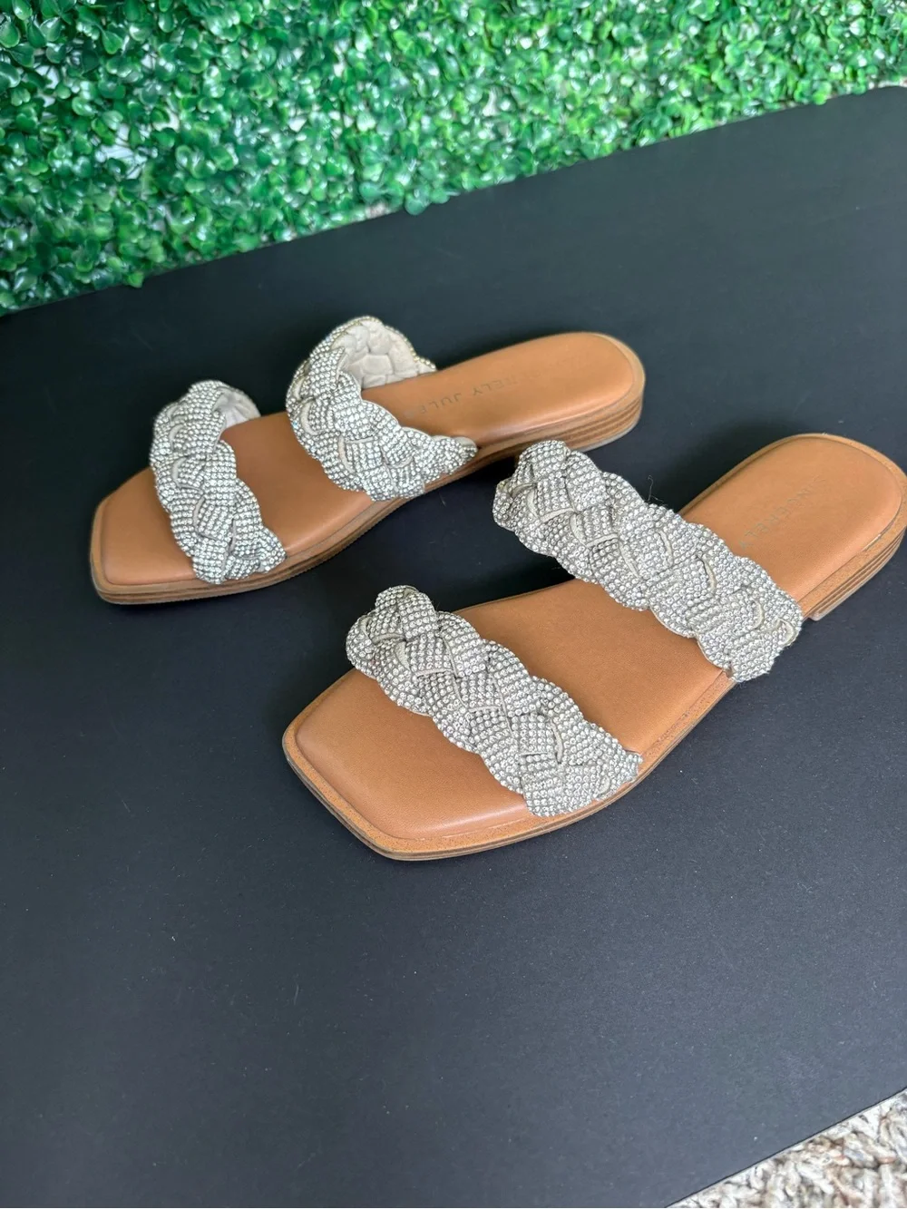 Sincerely Jules Braided Rhinestone Double-Strap Slip on Sandals - Silver on Tan